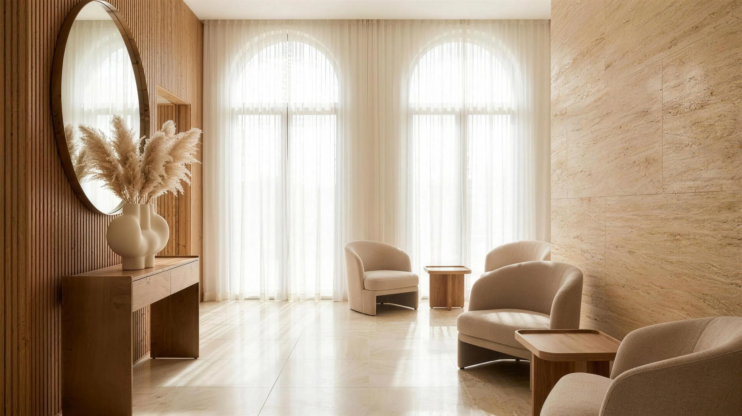 Licht, luxe saloninterieur met natuurlijk daglicht, travertijn en eikenhout.