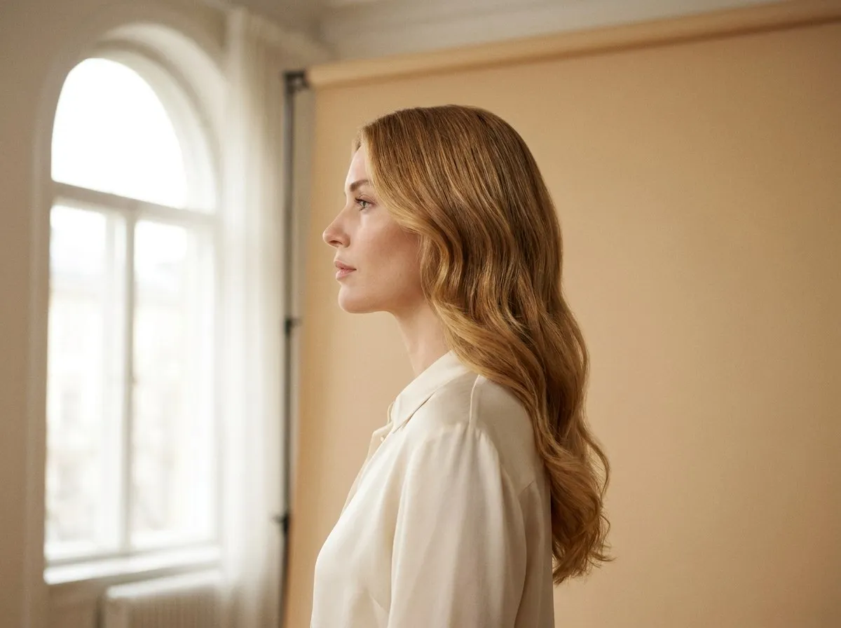 Vrouw met onberispelijk gestyled, gezond haar tegen een gedempte beige achtergrond.