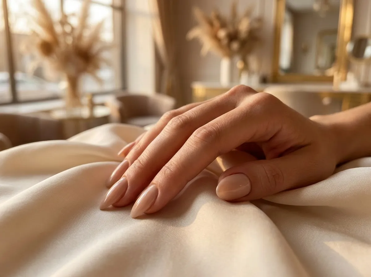 Verzorgde handen met een minimalistische manicure in een subtiele nudetint.