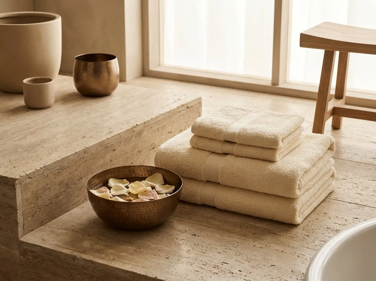 Serene, minimalistische pedicure-opstelling in zachte, neutrale kleuren.